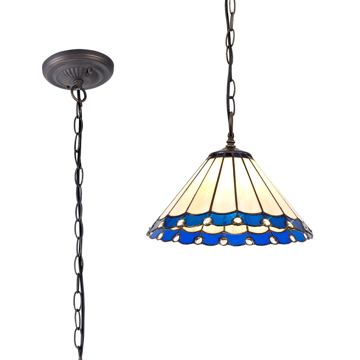 Williams 1 Light Downlighter Pendant E27 With 30cm Tiffany Shade, Blue/Cream/Crystal/Aged Antique Brass