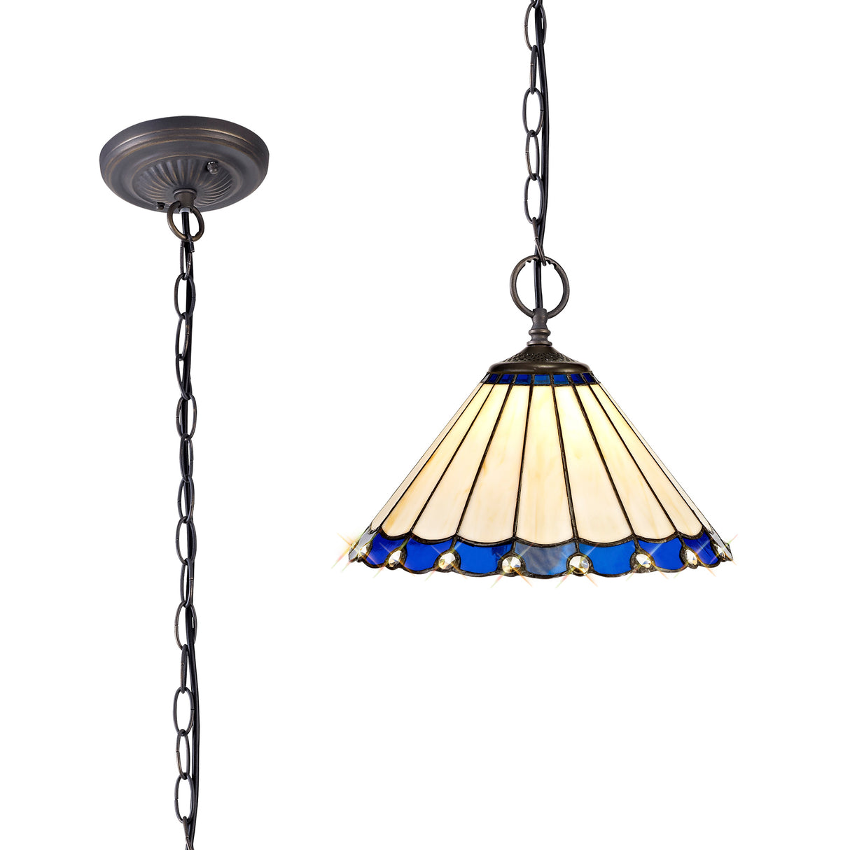 Williams 2 Light Downlighter Pendant E27 With 30cm Tiffany Shade, Blue/Cream/Crystal/Aged Antique Brass