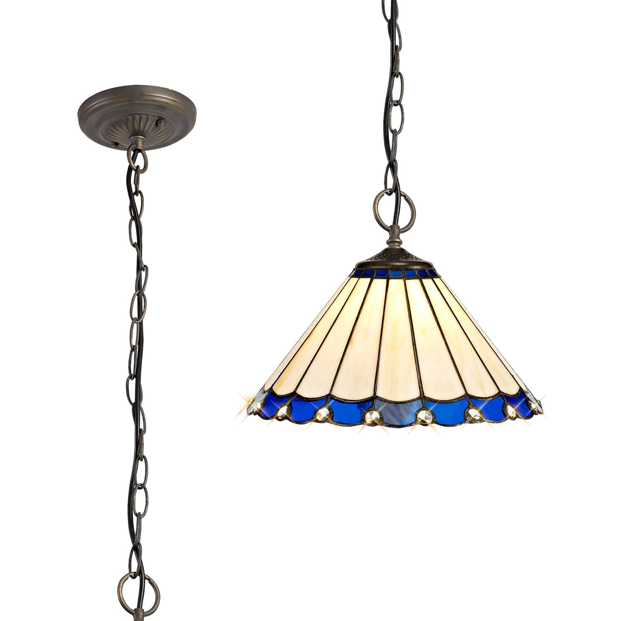 Williams 3 Light Downlighter Pendant E27 With 30cm Tiffany Shade, Blue/Cream/Crystal/Aged Antique Brass