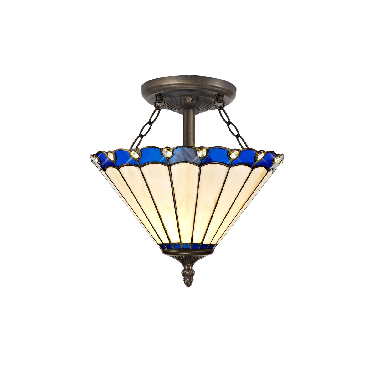 Williams 2 Light Semi Flush E27 With 30cm Tiffany Shade, Blue/Cream/Crystal/Aged Antique Brass