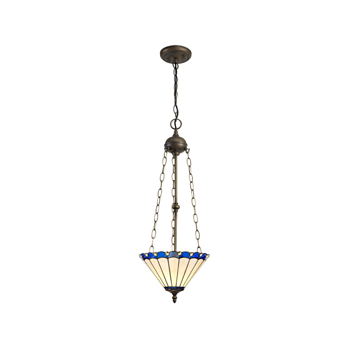 Williams 3 Light Uplighter Pendant E27 With 30cm Tiffany Shade, Blue/Cream/Crystal/Aged Antique Brass