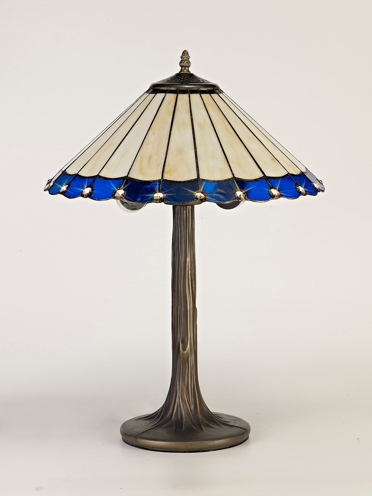Williams 2 Light Tree Like Table Lamp E27 With 40cm Tiffany Shade, Blue/Cream/Crystal/Aged Antique Brass