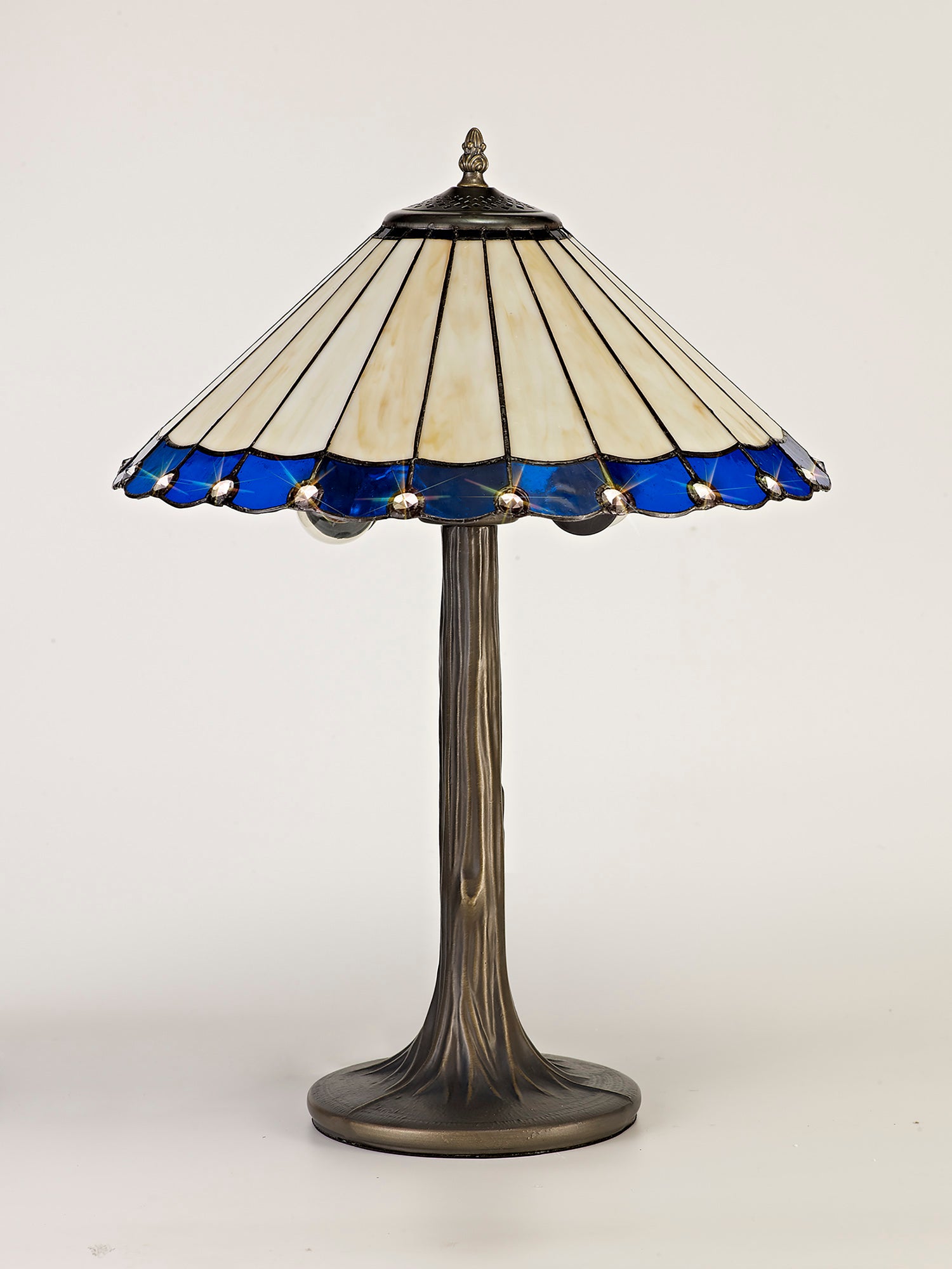 Williams 2 Light Tree Like Table Lamp E27 With 40cm Tiffany Shade, Blue/Cream/Crystal/Aged Antique Brass