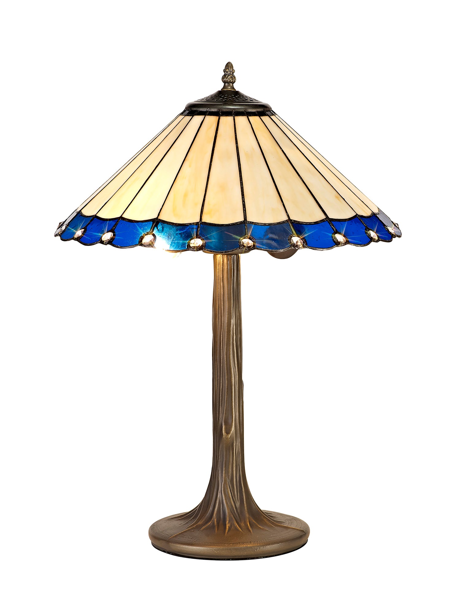 Williams 2 Light Tree Like Table Lamp E27 With 40cm Tiffany Shade, Blue/Cream/Crystal/Aged Antique Brass