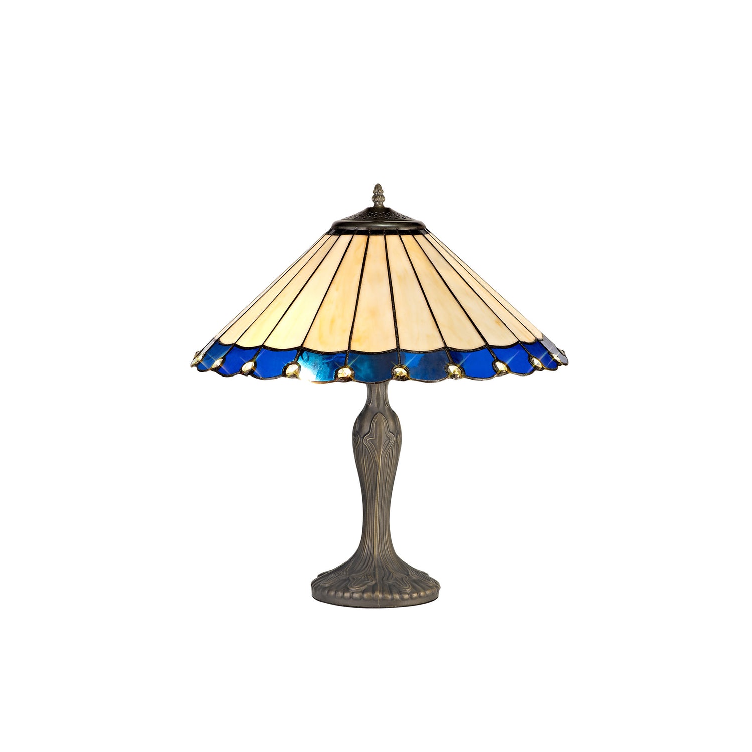 Williams 2 Light Curved Table Lamp E27 With 40cm Tiffany Shade, Blue/Cream/Crystal/Aged Antique Brass