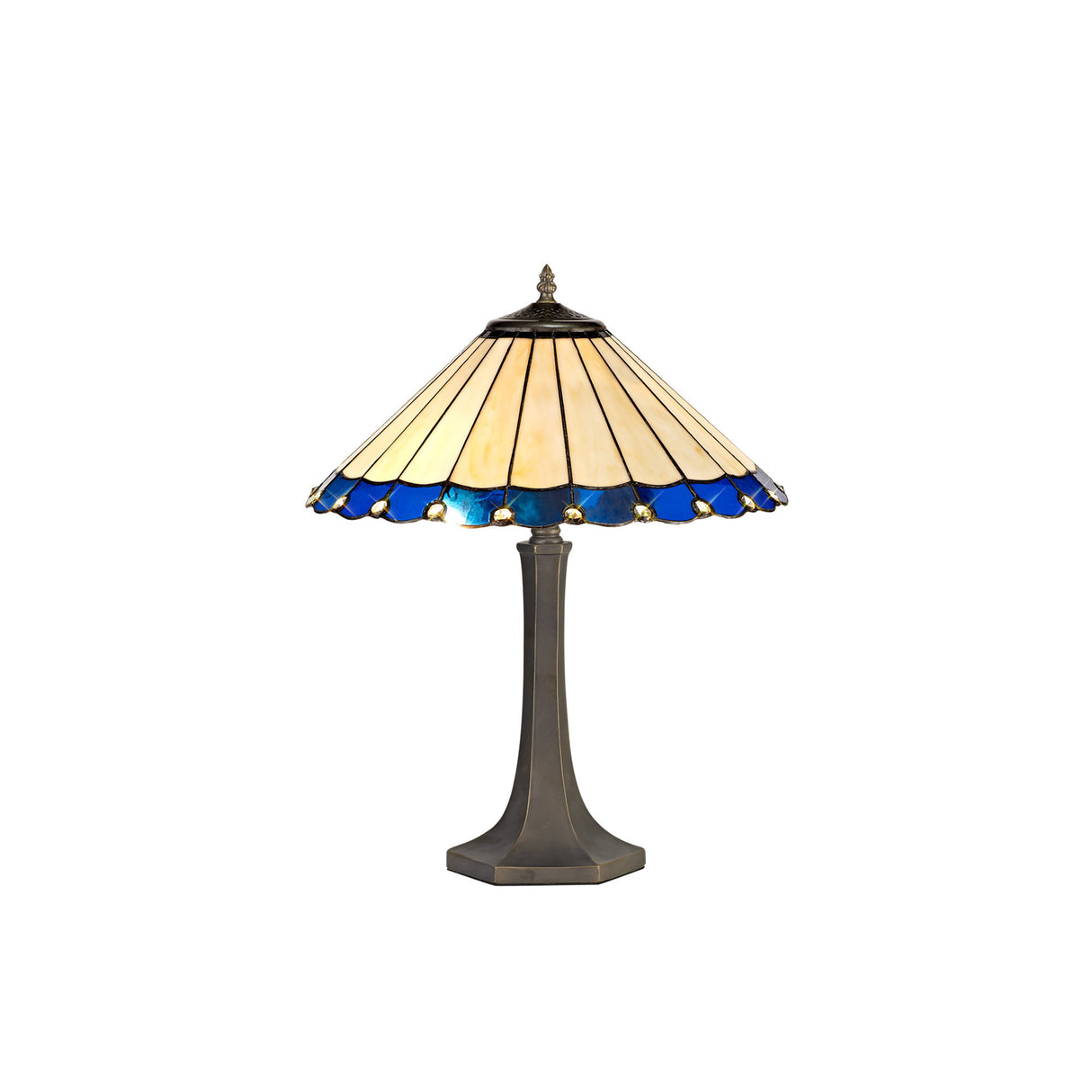 Williams 2 Light Octagonal Table Lamp E27 With 40cm Tiffany Shade, Blue/Cream/Crystal/Aged Antique Brass