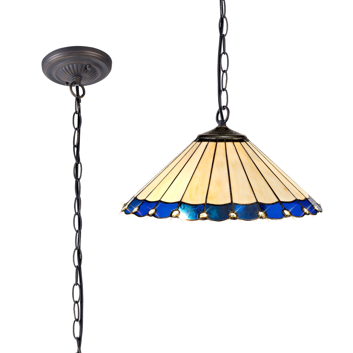 Williams 1 Light Downlighter Pendant E27 With 40cm Tiffany Shade, Blue/Cream/Crystal/Aged Antique Brass