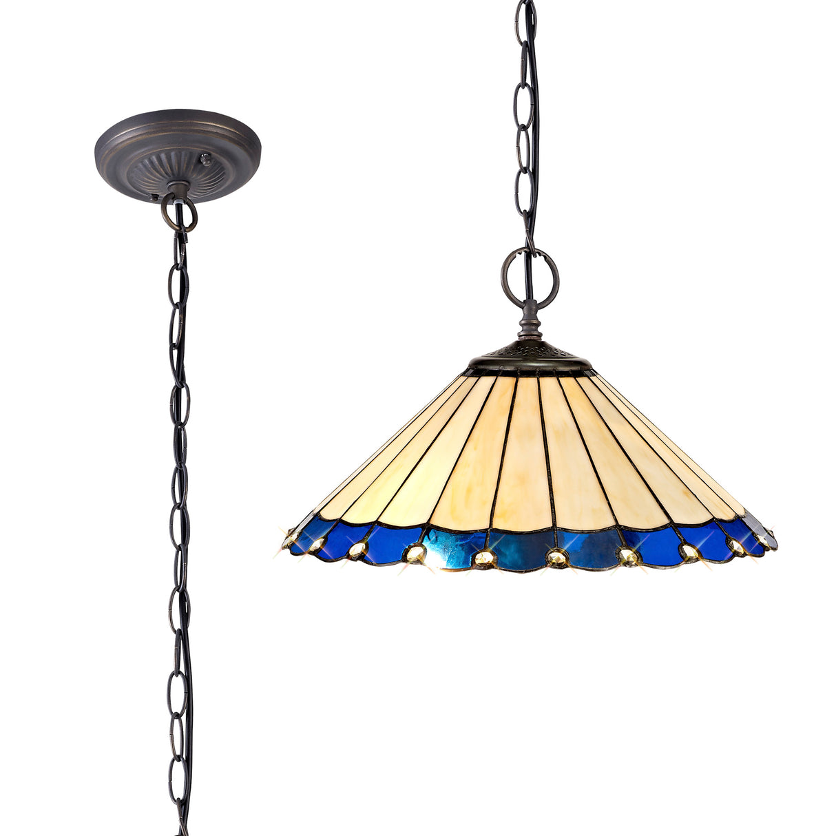 Williams 2 Light Downlighter Pendant E27 With 40cm Tiffany Shade, Blue/Cream/Crystal/Aged Antique Brass