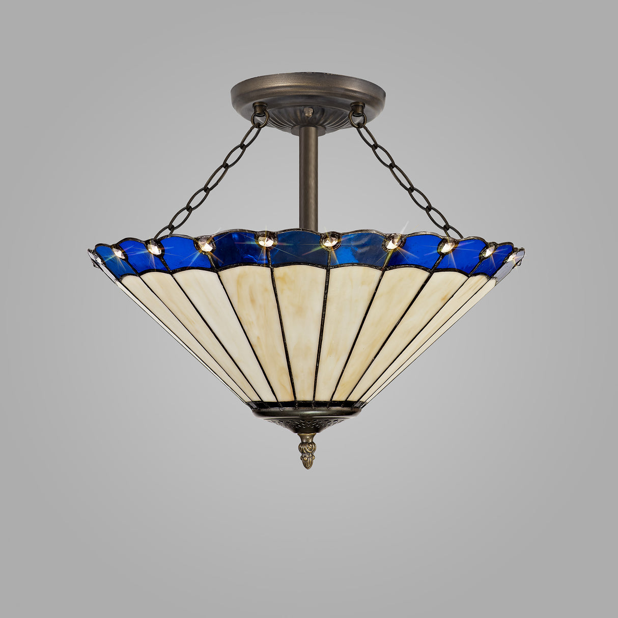 Williams 3 Light Semi Flush E27 With 40cm Tiffany Shade, Blue/Cream/Crystal/Aged Antique Brass