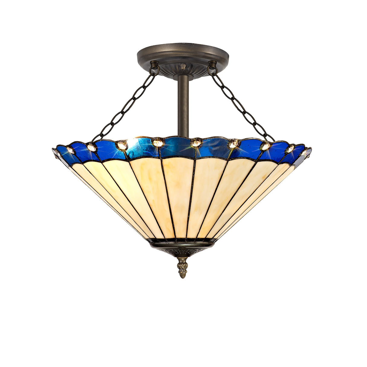 Williams 3 Light Semi Flush E27 With 40cm Tiffany Shade, Blue/Cream/Crystal/Aged Antique Brass