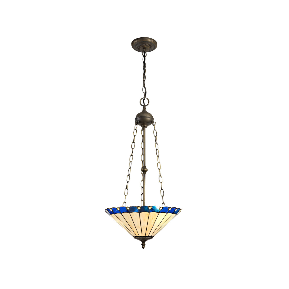 Williams 3 Light Uplighter Pendant E27 With 40cm Tiffany Shade, Blue/Cream/Crystal/Aged Antique Brass