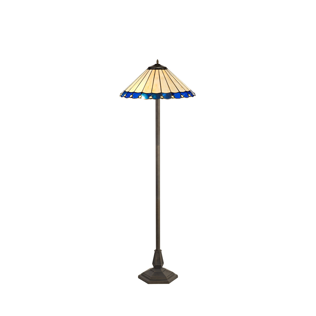 Williams 2 Light Octagonal Floor Lamp E27 With 40cm Tiffany Shade, Blue/Cream/Crystal/Aged Antique Brass