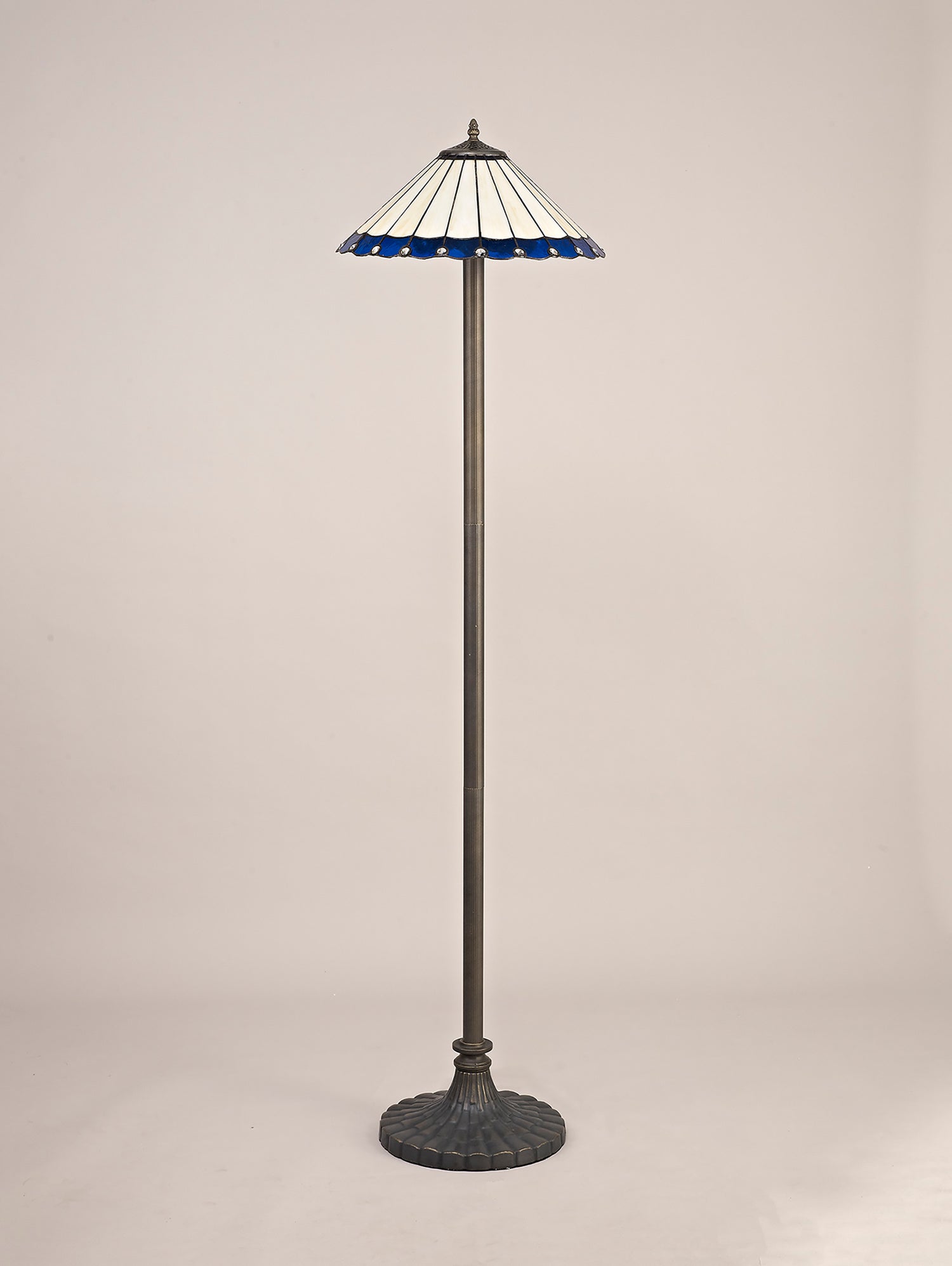 Williams 2 Light Stepped Design Floor Lamp E27 With 40cm Tiffany Shade, Blue/Cream/Crystal/Aged Antique Brass