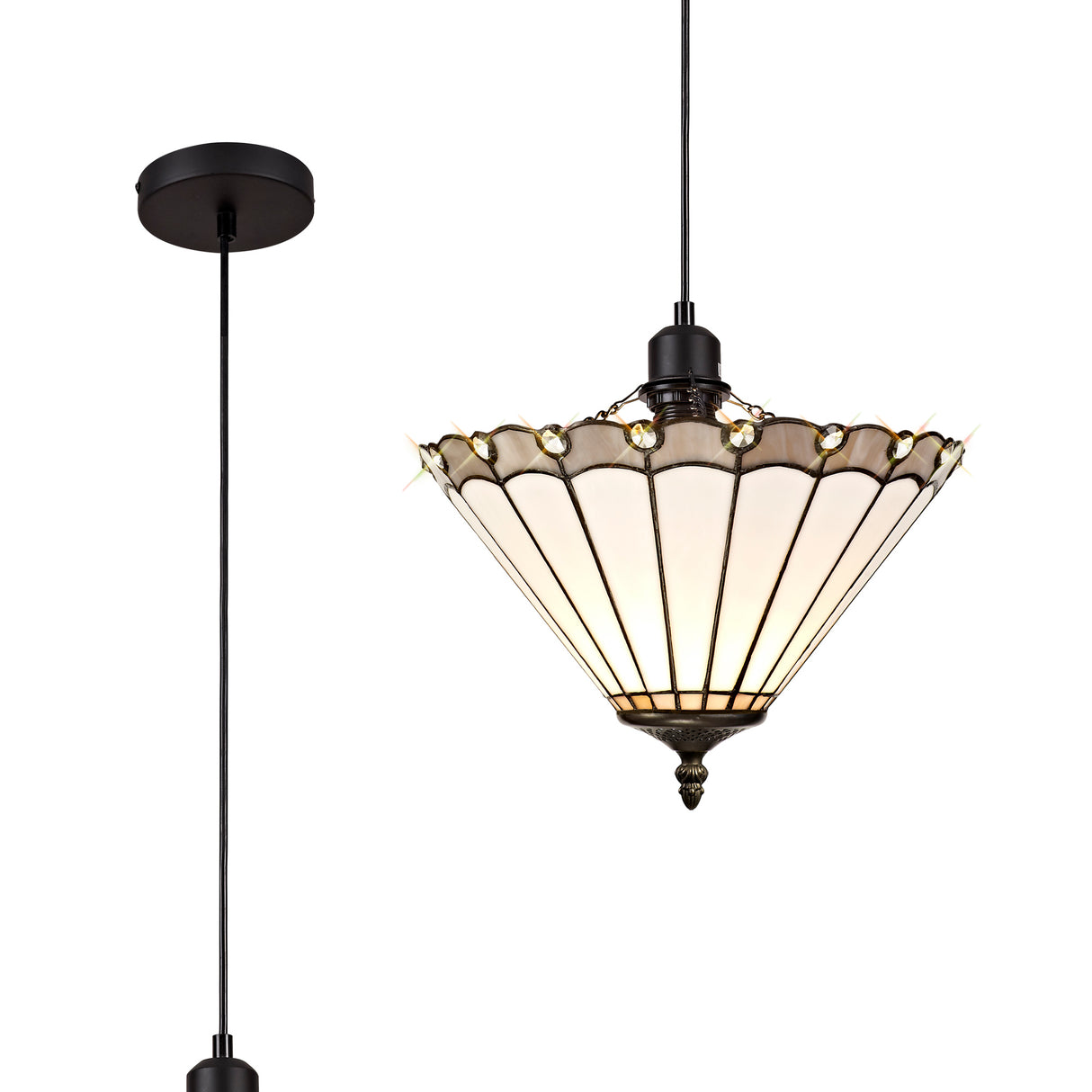 Williams 1 Light Uplighter Pendant E27 With 30cm Tiffany Shade, Grey/Cream/Crystal/Black