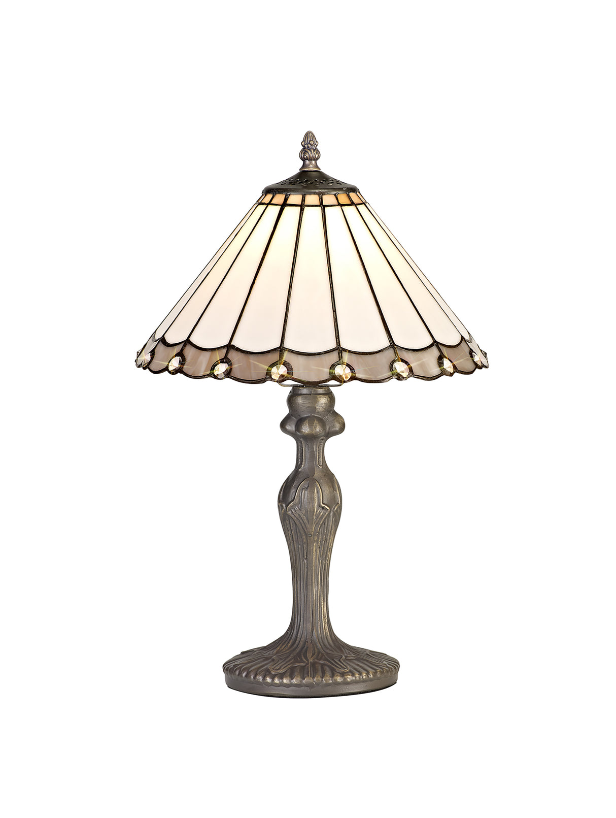 Williams 1 Light Curved Table Lamp E27 With 30cm Tiffany Shade, Grey/Cream/Crystal/Aged Antique Brass