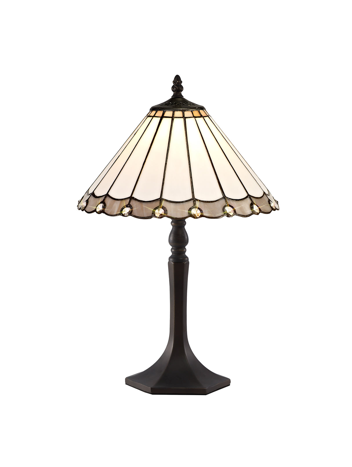 Williams 1 Light Octagonal Table Lamp E27 With 30cm Tiffany Shade, Grey/Cream/Crystal/Aged Antique Brass
