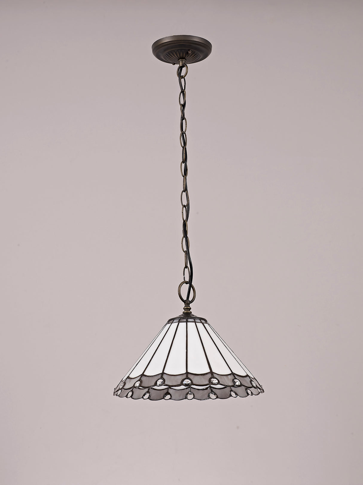 Williams 1 Light Downlighter Pendant E27 With 30cm Tiffany Shade, Grey/Cream/Crystal/Aged Antique Brass