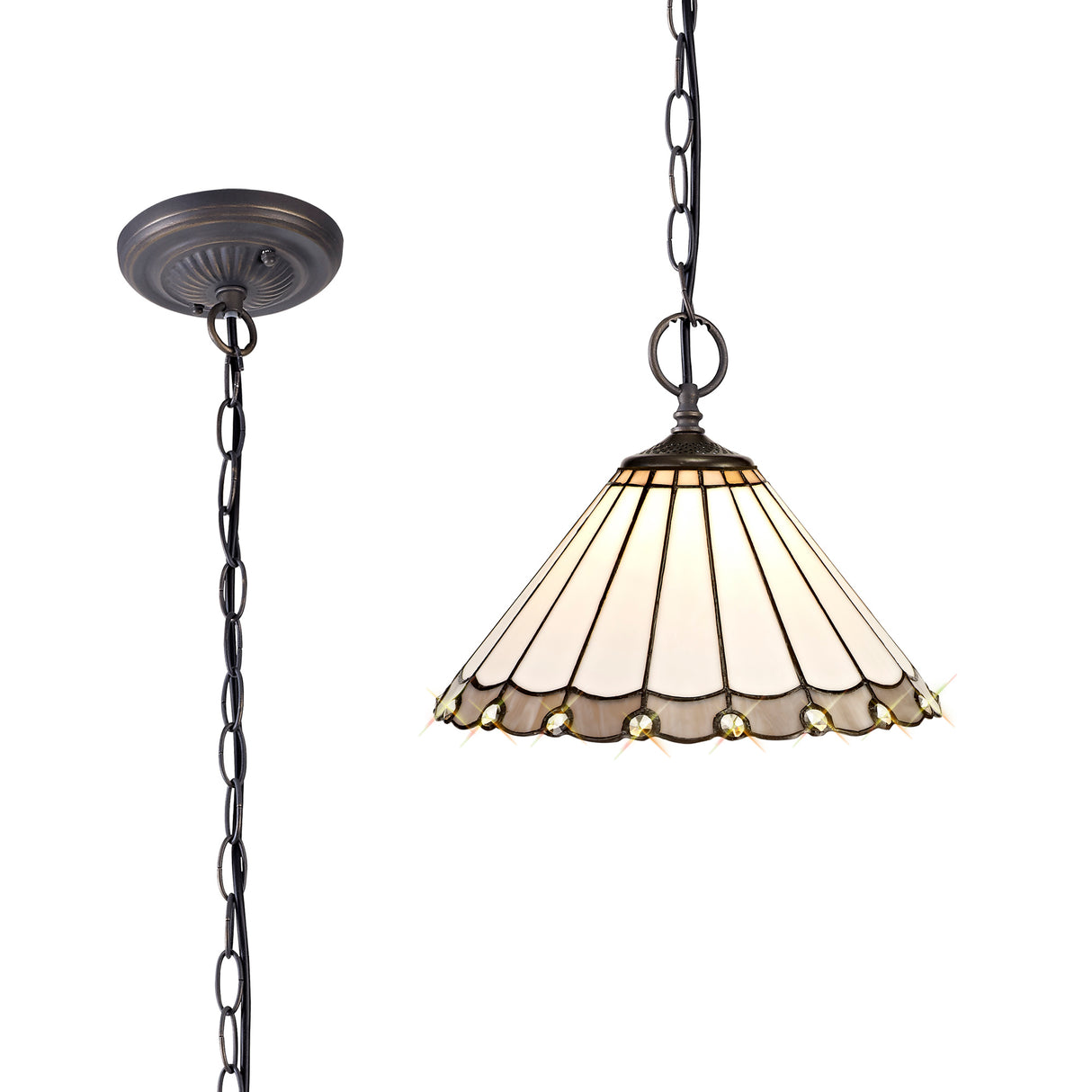 Williams 2 Light Downlighter Pendant E27 With 30cm Tiffany Shade, Grey/Cream/Crystal/Aged Antique Brass