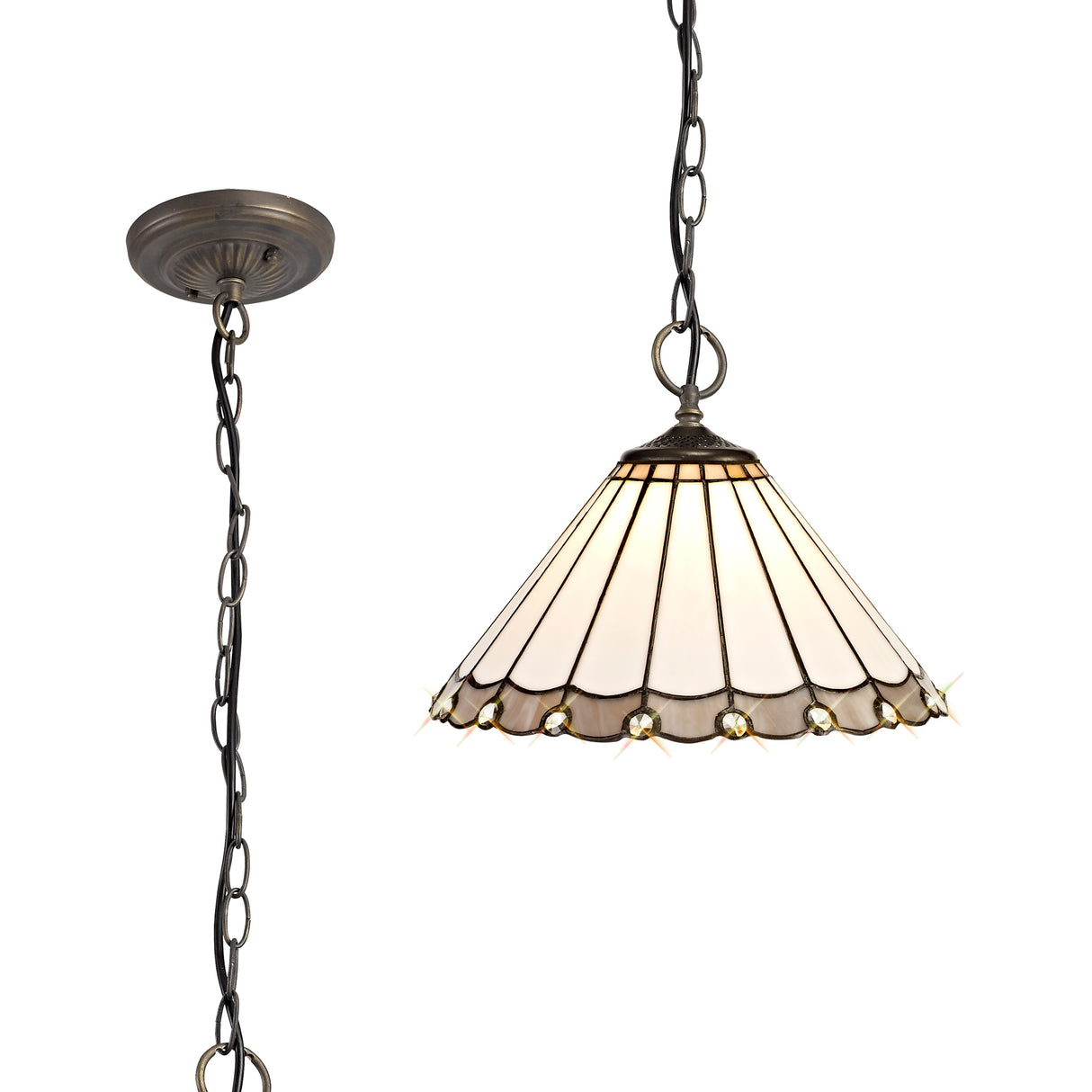Williams 3 Light Downlighter Pendant E27 With 30cm Tiffany Shade, Grey/Cream/Crystal/Aged Antique Brass