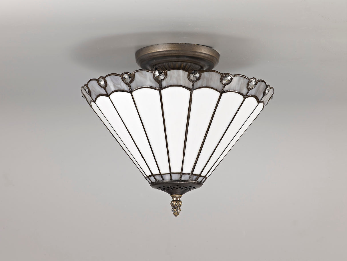 Williams 2 Light Semi Flush E27 With 30cm Tiffany Shade, Grey/Cream/Crystal/Aged Antique Brass