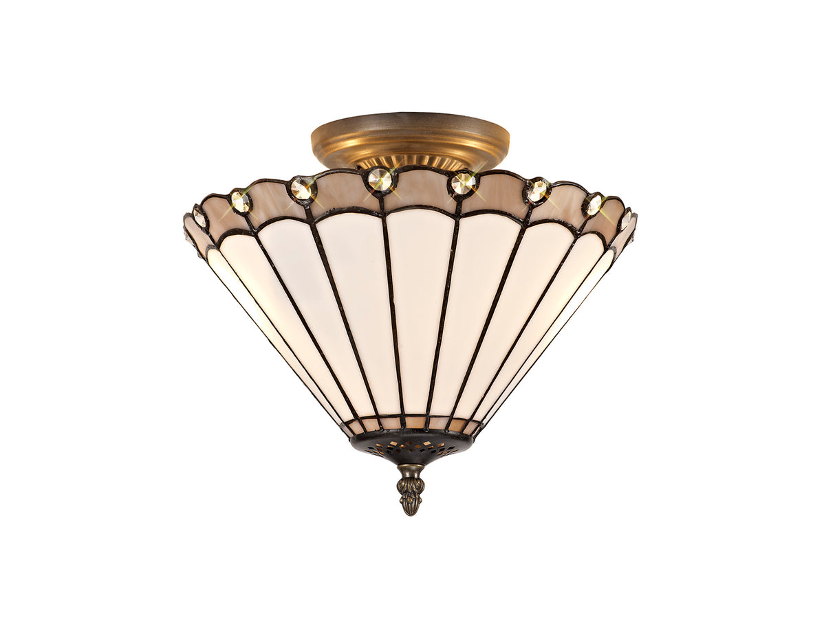 Williams 2 Light Semi Flush E27 With 30cm Tiffany Shade, Grey/Cream/Crystal/Aged Antique Brass