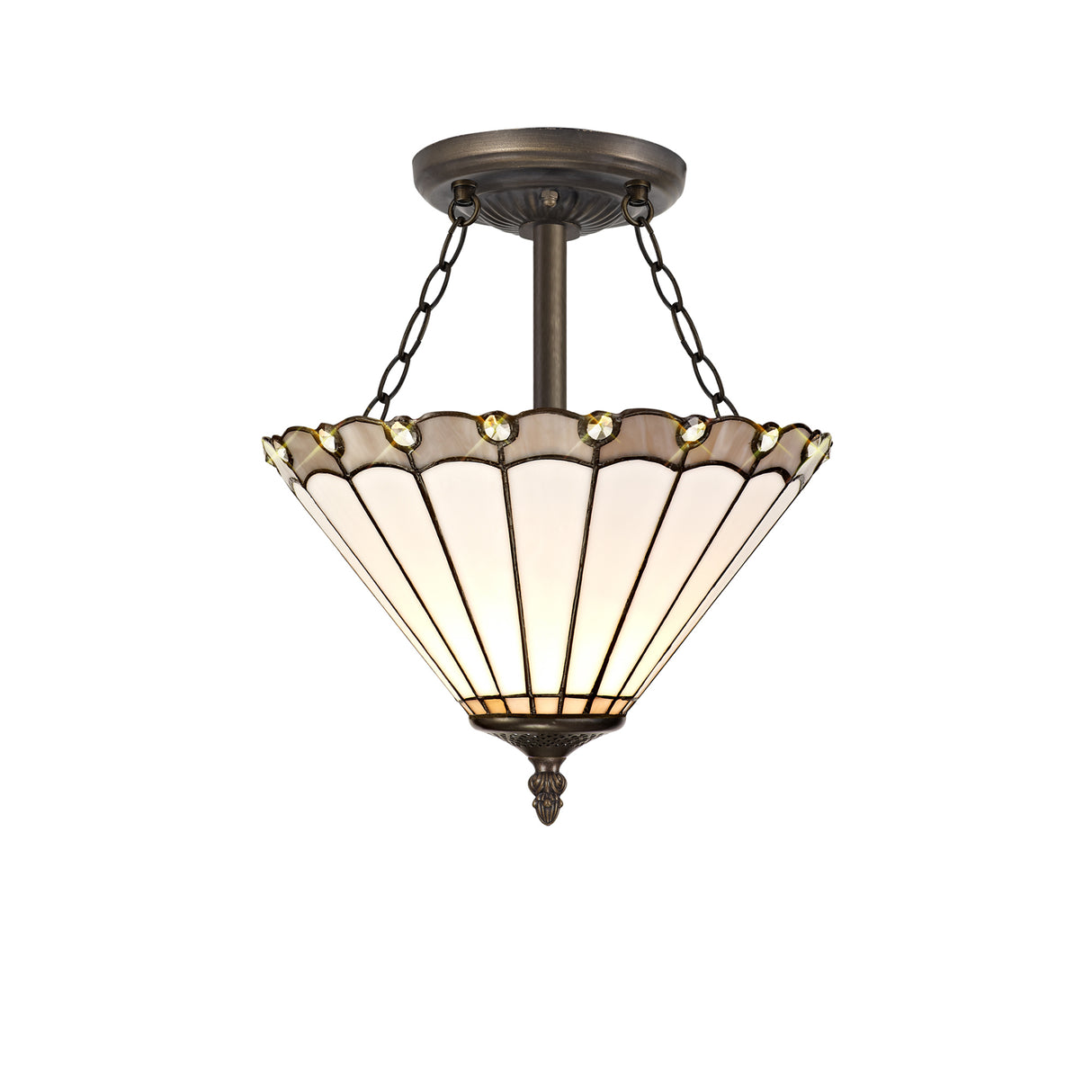 Williams 3 Light Semi Flush E27 With 30cm Tiffany Shade, Grey/Cream/Crystal/Aged Antique Brass
