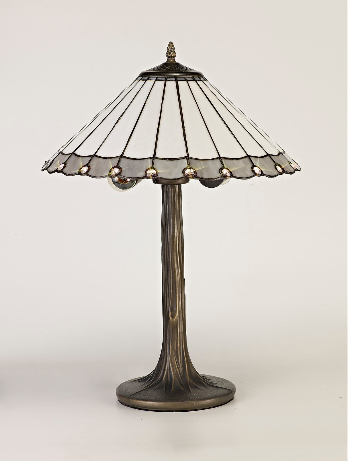 Williams 2 Light Tree Like Table Lamp E27 With 40cm Tiffany Shade, Grey/Cream/Crystal/Aged Antique Brass