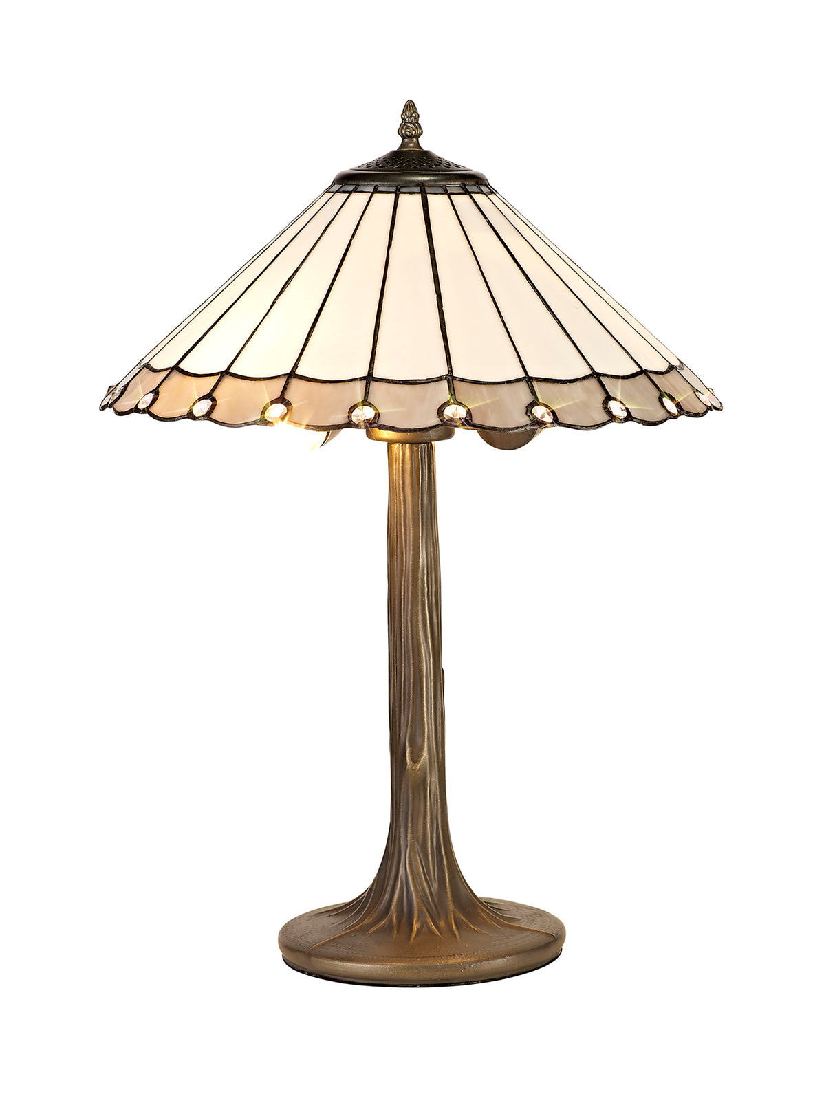 Williams 2 Light Tree Like Table Lamp E27 With 40cm Tiffany Shade, Grey/Cream/Crystal/Aged Antique Brass
