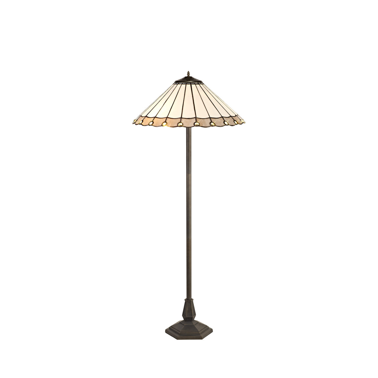 Williams 2 Light Octagonal Floor Lamp E27 With 40cm Tiffany Shade, Grey/Cream/Crystal/Aged Antique Brass