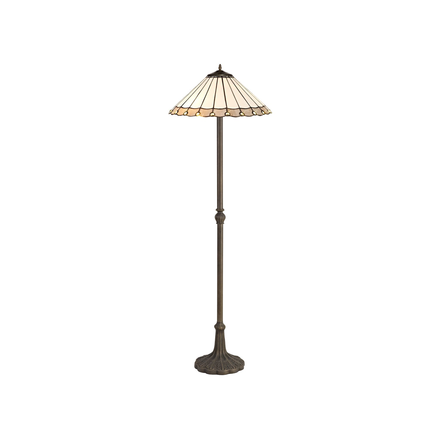 Williams 2 Light Leaf Design Floor Lamp E27 With 40cm Tiffany Shade, Grey/Cream/Crystal/Aged Antique Brass