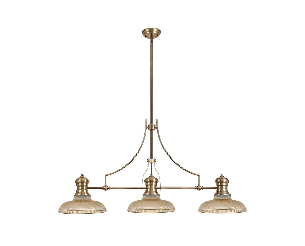 Munro 3 Light Linear Pendant E27 With 30cm Round Glass Shade, Antique Brass, Amber
