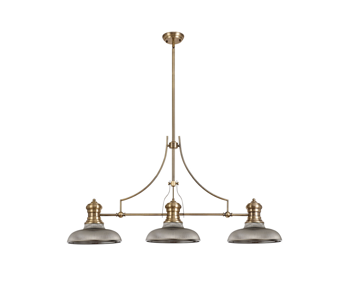 Munro 3 Light Linear Pendant E27 With 30cm Round Glass Shade, Antique Brass, Smoked