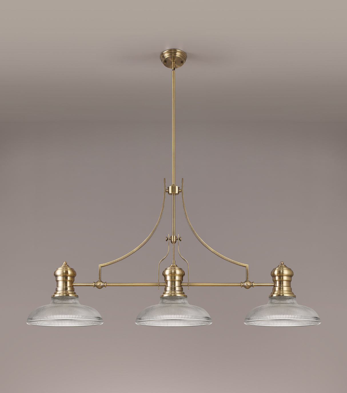 Munro 3 Light Linear Pendant E27 With 30cm Round Glass Shade, Antique Brass, Clear