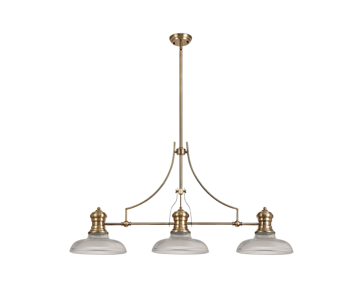 Munro 3 Light Linear Pendant E27 With 30cm Round Glass Shade, Antique Brass, Clear