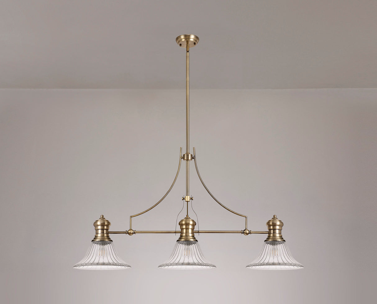 Munro 3 Light Linear Pendant E27 With 30cm Bell Glass Shade, Antique Brass, Clear