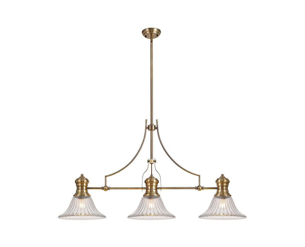 Munro 3 Light Linear Pendant E27 With 30cm Bell Glass Shade, Antique Brass, Clear