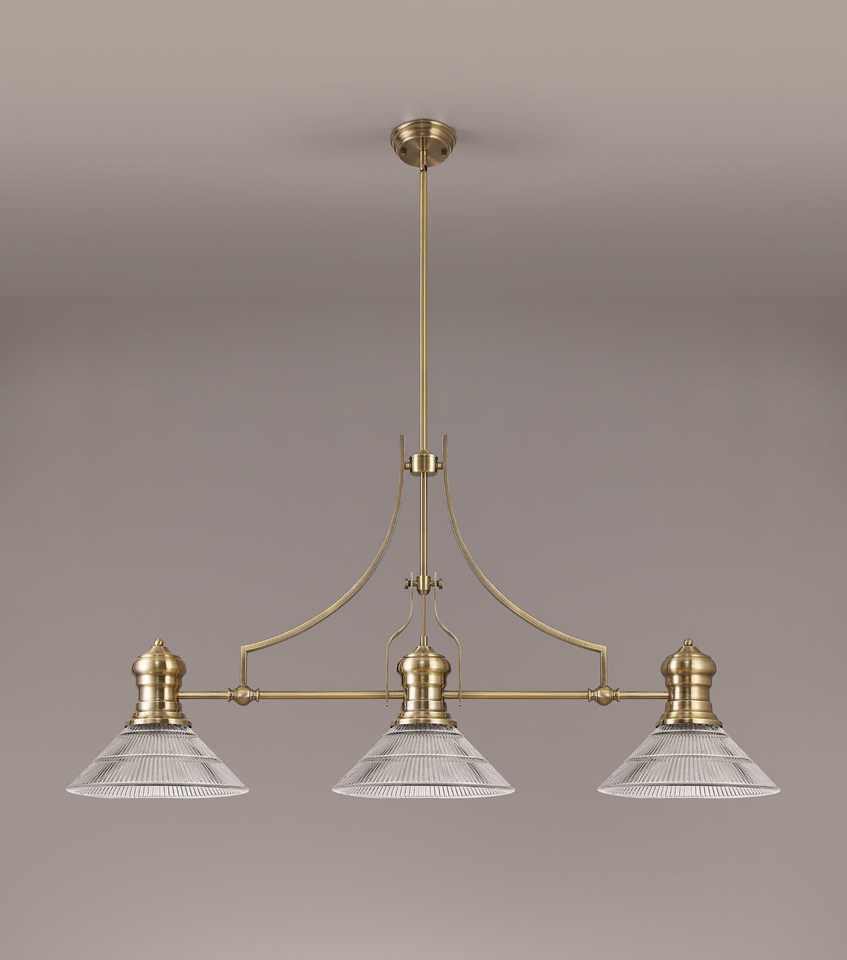 Munro 3 Light Linear Pendant E27 With 30cm Cone Glass Shade, Antique Brass, Clear