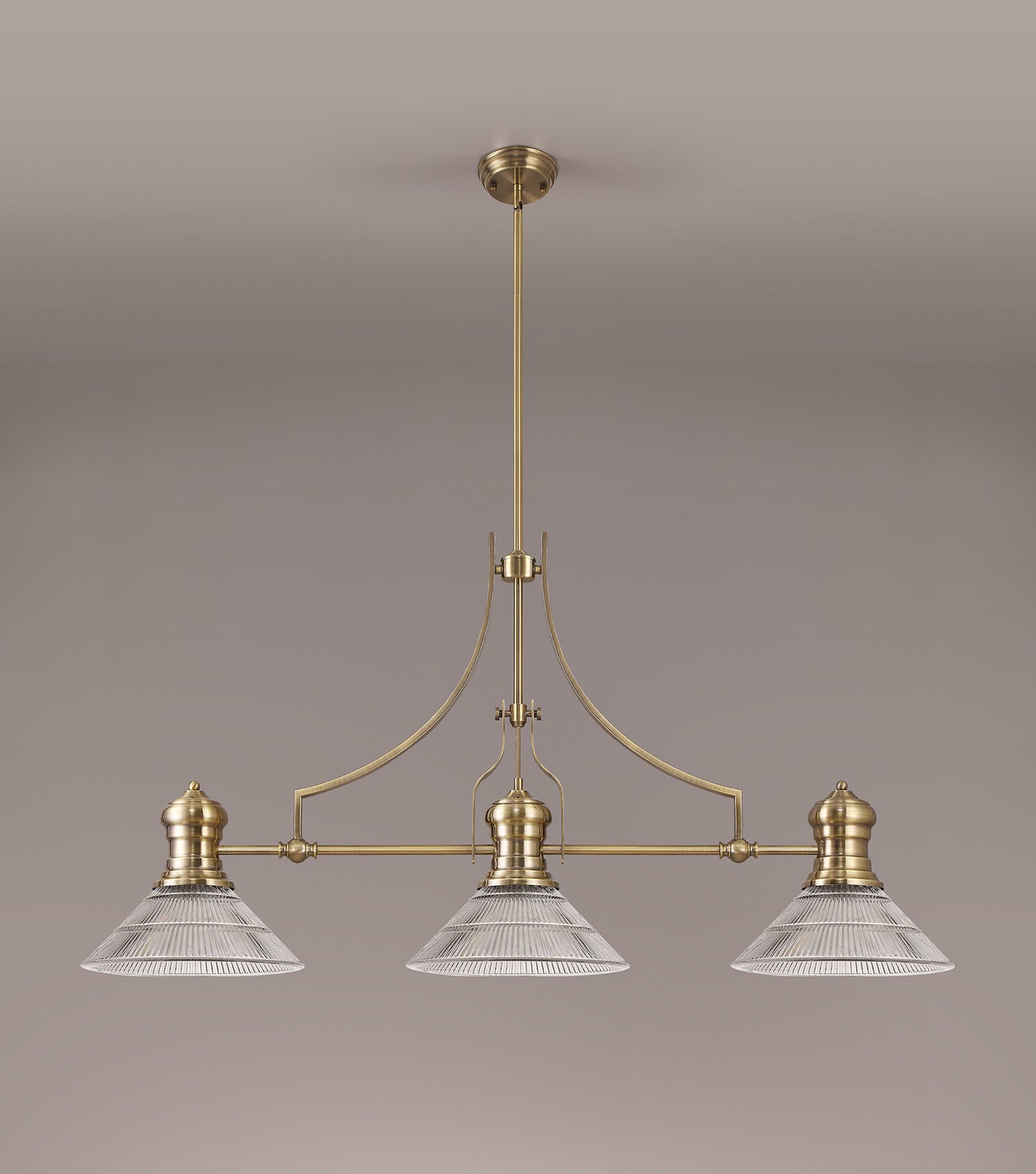 Munro 3 Light Linear Pendant E27 With 30cm Cone Glass Shade, Antique Brass, Clear