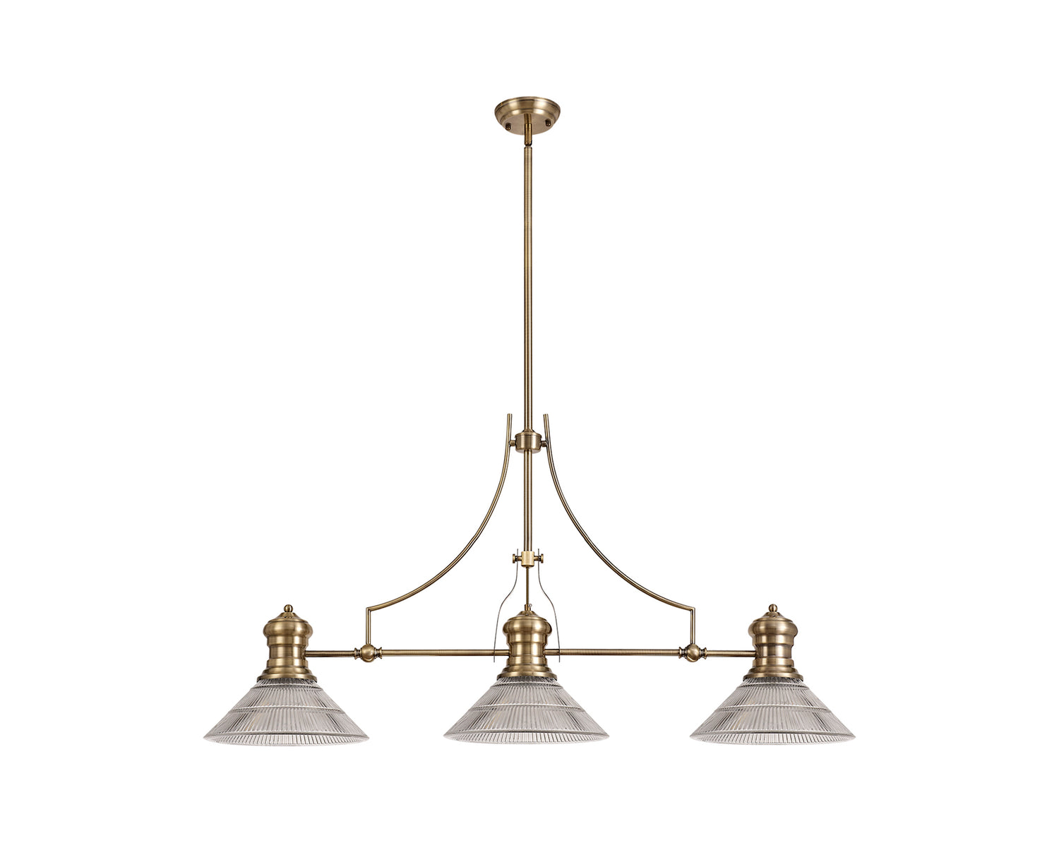 Munro 3 Light Linear Pendant E27 With 30cm Cone Glass Shade, Antique Brass, Clear