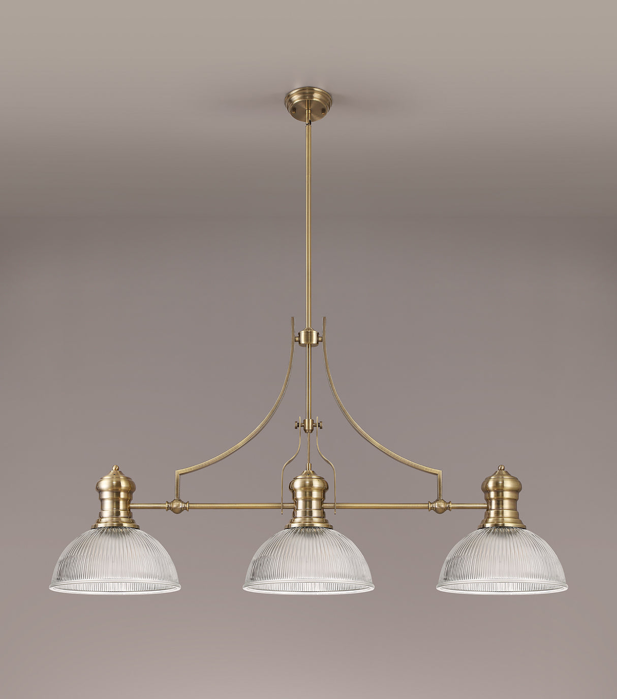 Munro 3 Light Linear Pendant E27 With 30cm Dome Glass Shade, Antique Brass, Clear