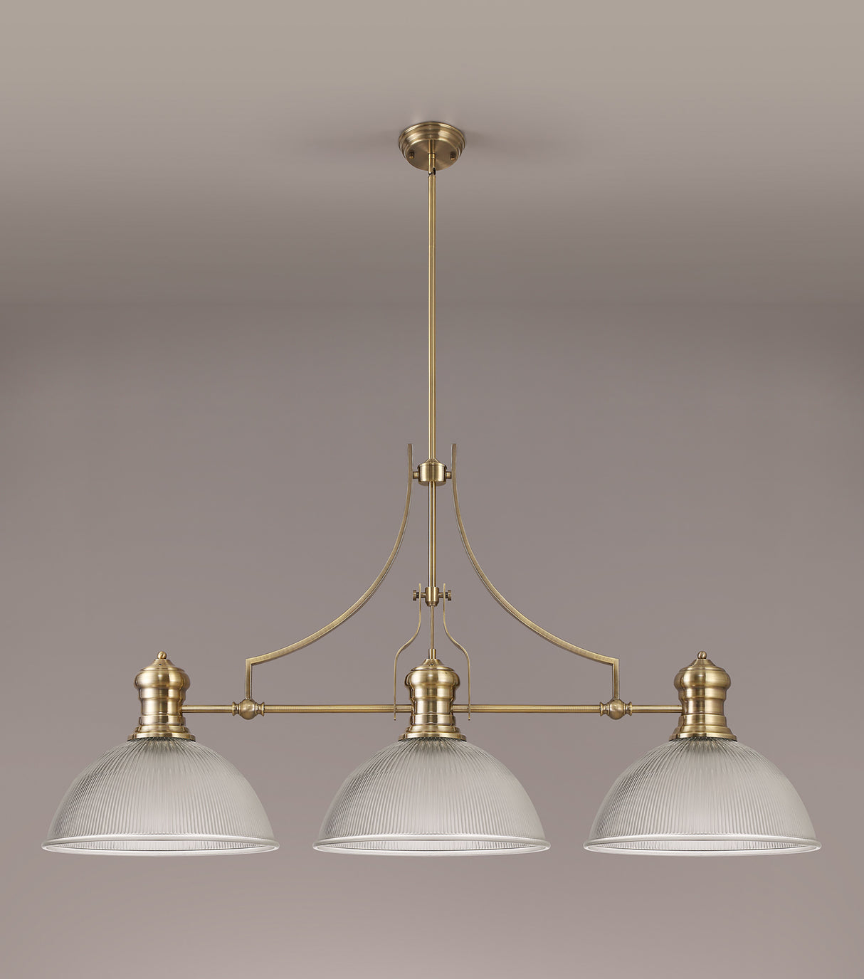 Munro 3 Light Linear Pendant E27 With 38cm Dome Glass Shade, Antique Brass, Clear