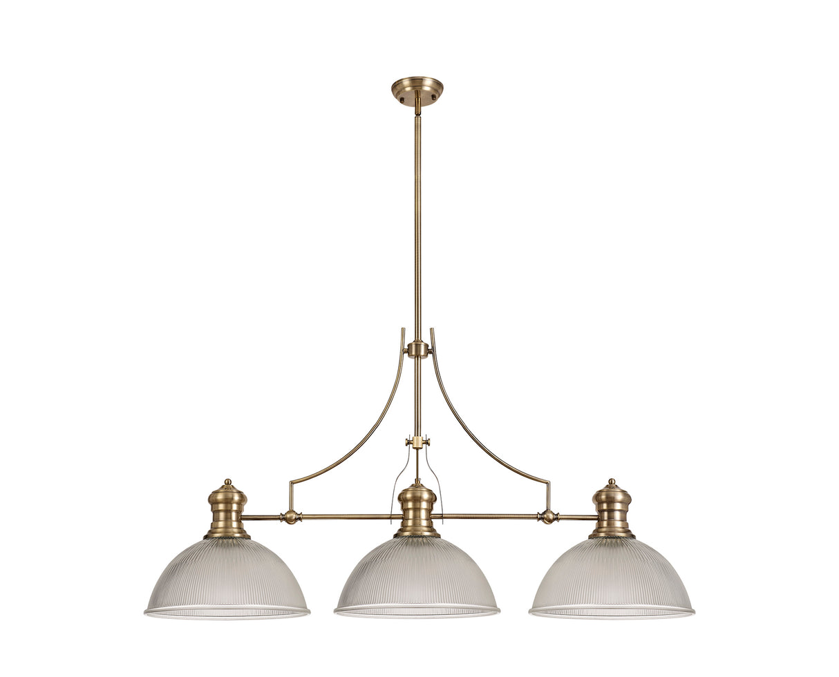 Munro 3 Light Linear Pendant E27 With 38cm Dome Glass Shade, Antique Brass, Clear