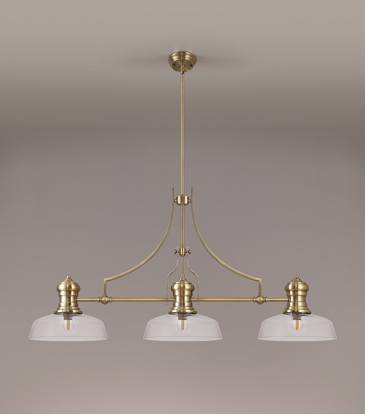 Munro 3 Light Linear Pendant E27 With 30cm Flat Round Glass Shade, Antique Brass, Clear