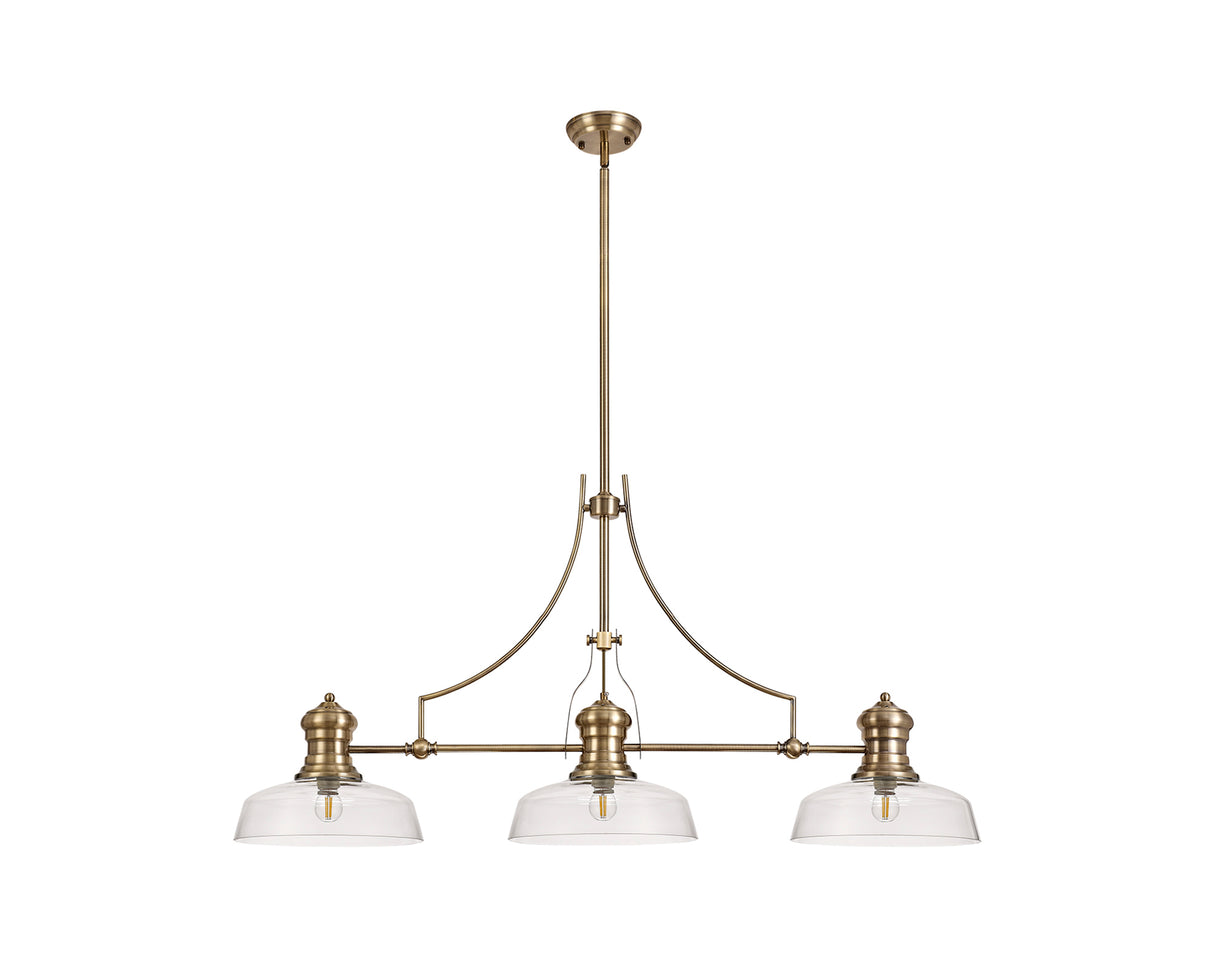 Munro 3 Light Linear Pendant E27 With 30cm Flat Round Glass Shade, Antique Brass, Clear