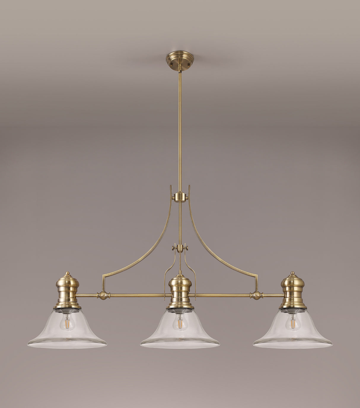 Munro 3 Light Linear Pendant E27 With 30cm Smooth Bell Glass Shade, Antique Brass, Clear