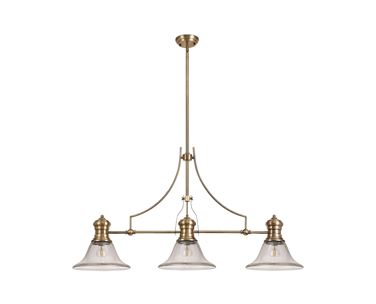 Munro 3 Light Linear Pendant E27 With 30cm Smooth Bell Glass Shade, Antique Brass, Clear