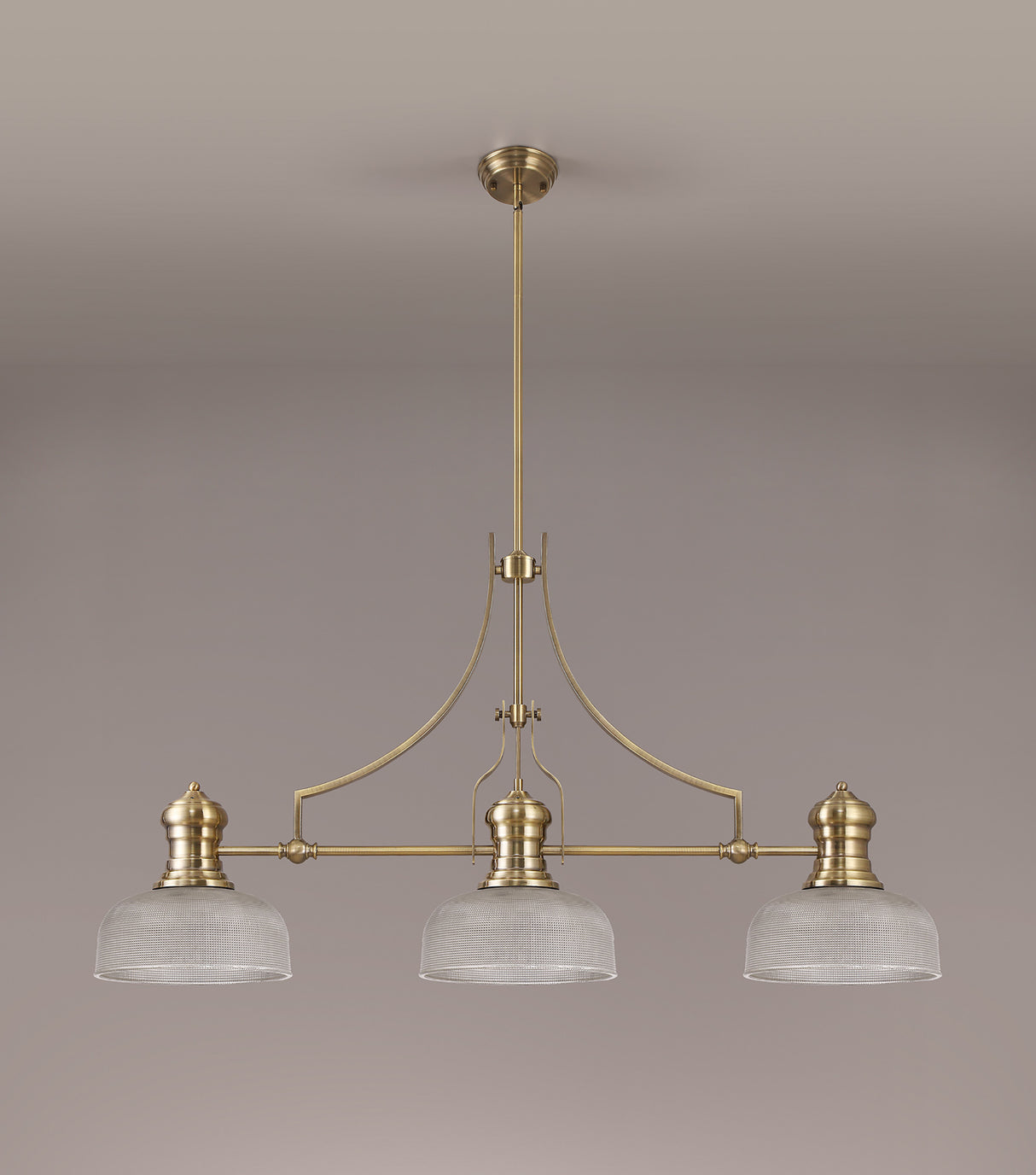 Munro 3 Light Linear Pendant E27 With 26.5cm Prismatic Glass Shade, Antique Brass, Clear