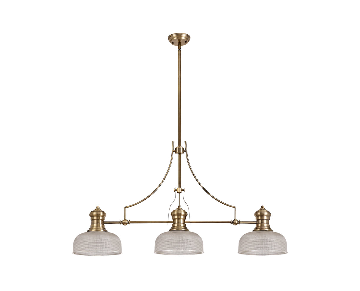 Munro 3 Light Linear Pendant E27 With 26.5cm Prismatic Glass Shade, Antique Brass, Clear