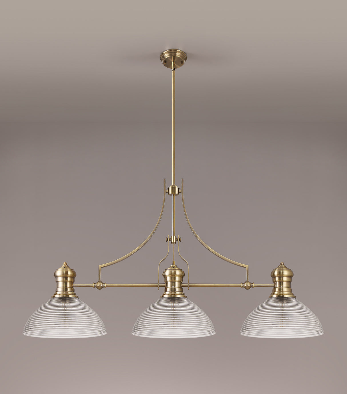 Munro 3 Light Linear Pendant E27 With 33.5cm Prismatic Glass Shade, Antique Brass, Clear