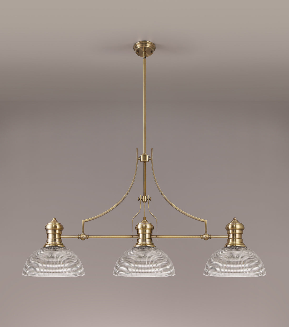 Munro 3 Light Linear Pendant E27 With 30cm Prismatic Glass Shade, Antique Brass, Clear